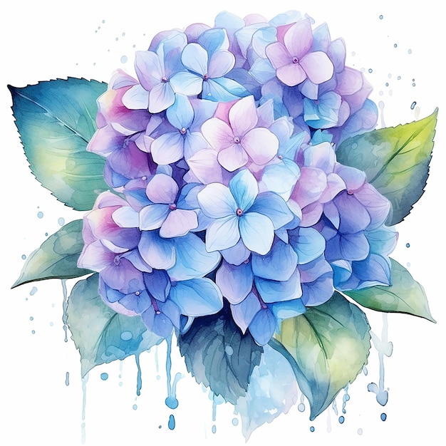 Een blauwe hortensia met groen blad en blauwe bloemen.