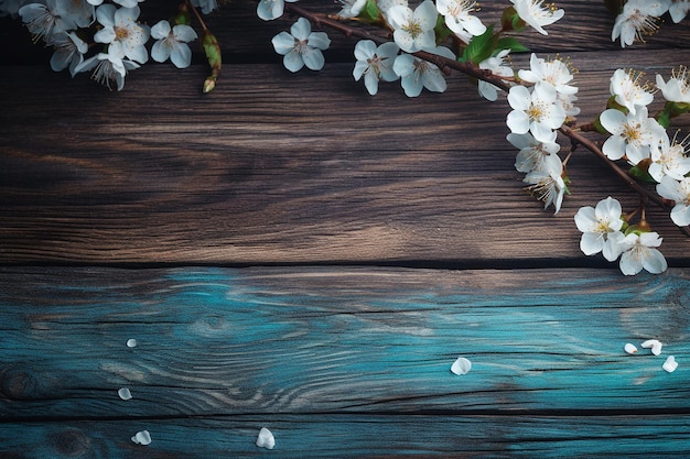 Een blauwe houten achtergrond met bloemen en een tak van kersenbloesems