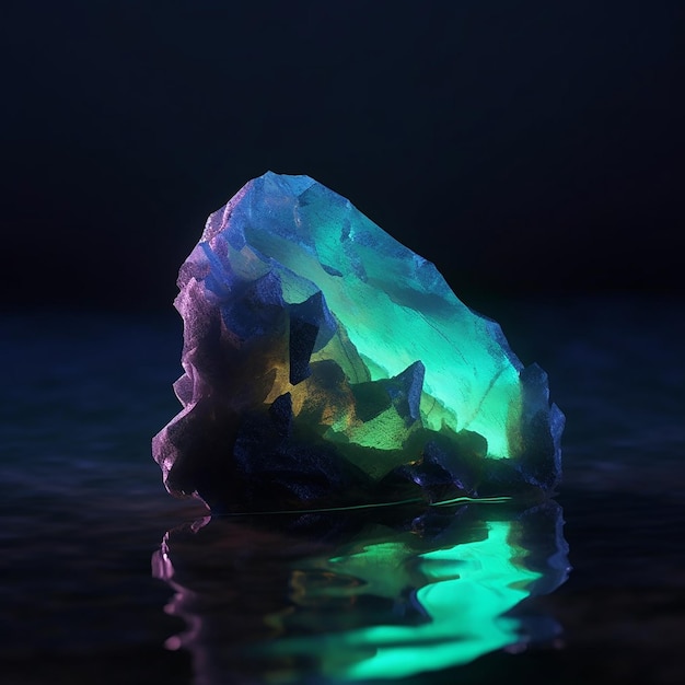 Een blauwe ijsberg met een groen licht erop