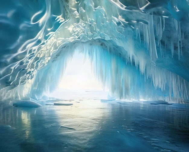 Een blauwe ijsgrot met ijspegels die aan het plafond hangen