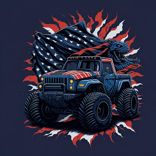 Een blauwe jeep met amerikaanse vlag voorop