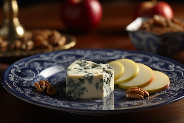 Een blauwe kaas met peren erop en walnoten erbij.