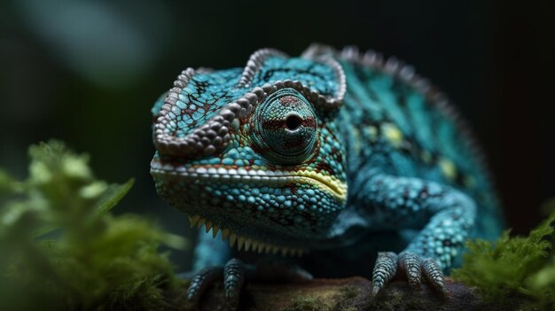 Een blauwe kameleon zit op een tak met een groen blad.