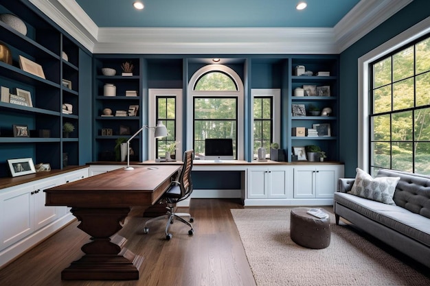 een blauwe kamer met een bureau en een tv