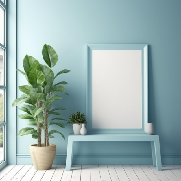 Een blauwe kamer met een plant en een fotolijstje