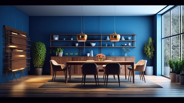 Een blauwe kamer met een tafel en stoelen en een plant aan de muur.