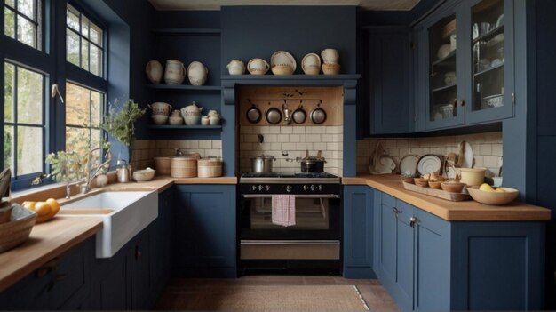 Foto een blauwe keuken met een blauwe kast met een blauw plank daarboven die sayskitchen