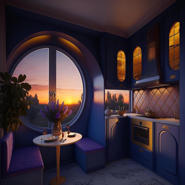 Een blauwe keuken met een tafel en paarse stoelen en een raam met uitzicht op een zonsondergang.