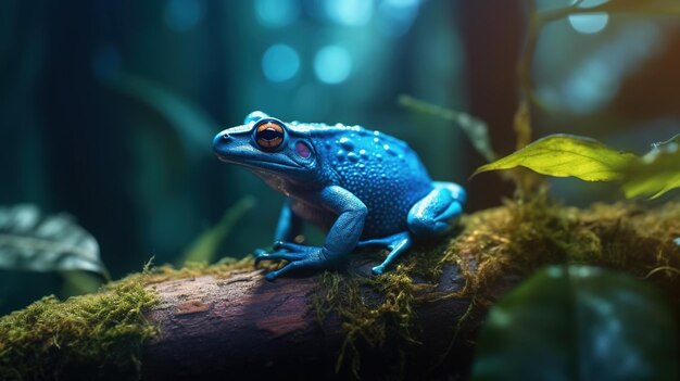 Een blauwe kikker zit op een tak in een bos.