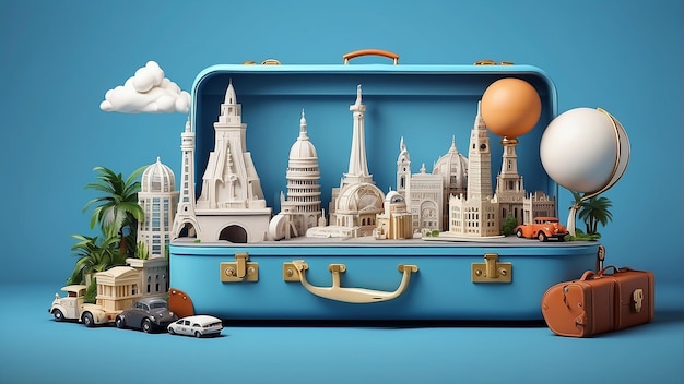 een blauwe koffer met een model van een stad in het midden