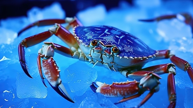 Een blauwe krab met een blauw gezicht en twee ogen.