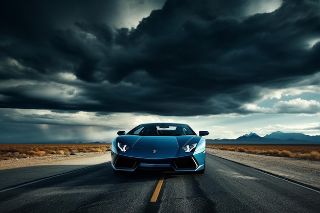 Een blauwe lamborghini op de weg met een bewolkte lucht op de achtergrond