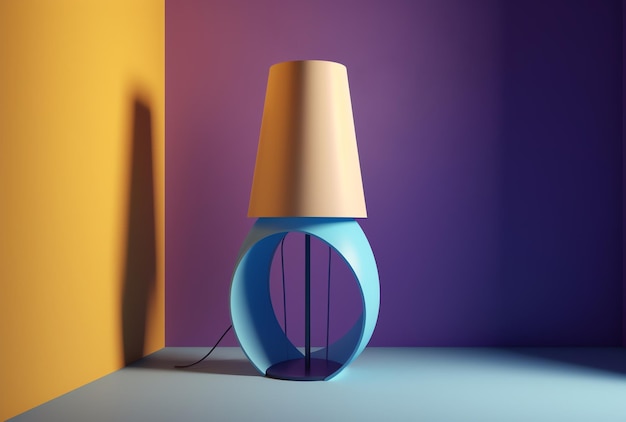 Een blauwe lamp met een witte kap en een gele kap.