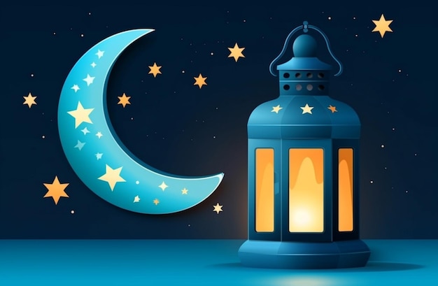 Een blauwe lantaarn en de maan met sterren aan de nachtelijke hemel