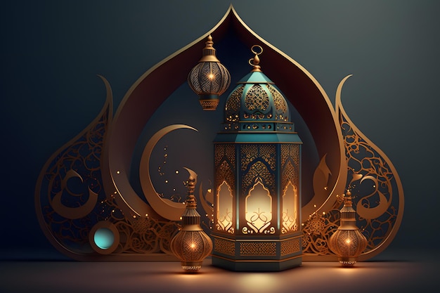 Een blauwe lantaarn en een gouden maan met de tekst ramadan