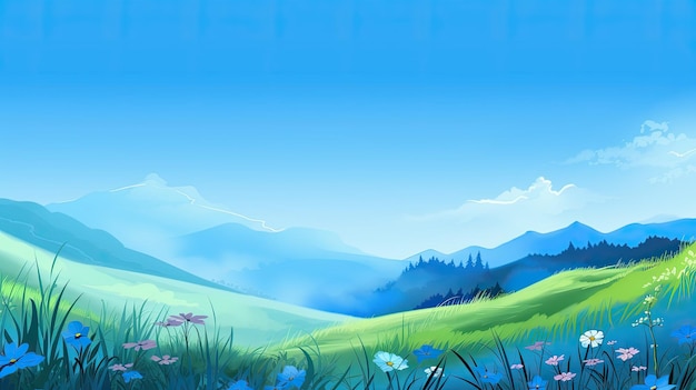 Een blauwe lucht met bergen en een bloemenveld.