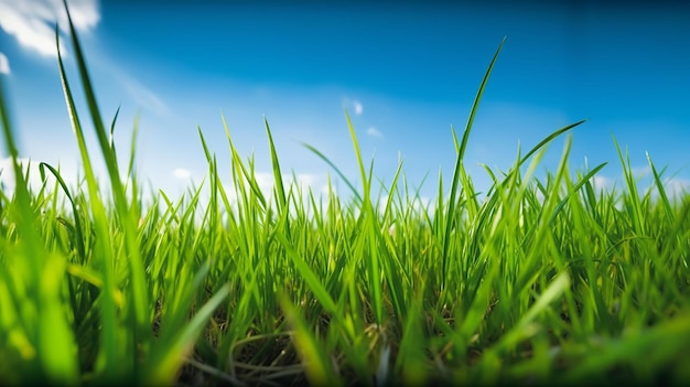 Een blauwe lucht met een groen grasveld op de voorgrond.