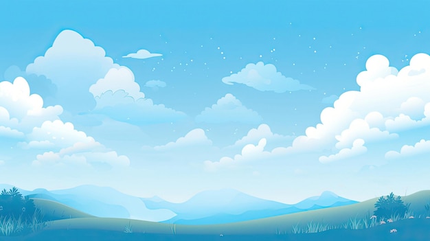 Een blauwe lucht met wolken en bergen op de achtergrond.