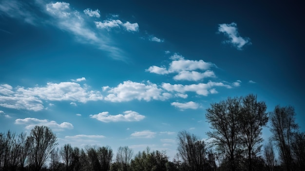 Een blauwe lucht met wolken en bomen op de voorgrond.