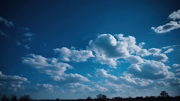 Een blauwe lucht met wolken en een boom op de voorgrond.