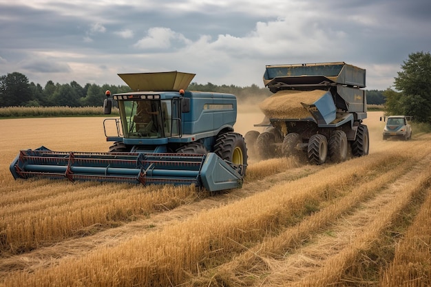 Een blauwe maaidorser trekt een grote lading tarwe.