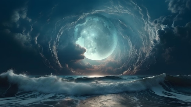 Een blauwe maan boven de oceaan met een bewolkte hemel