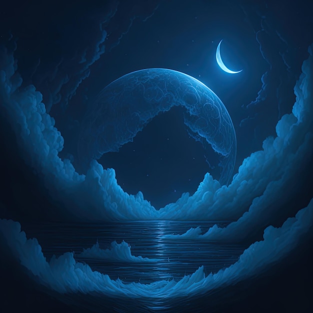 Een blauwe maan en een halve maan boven de oceaan