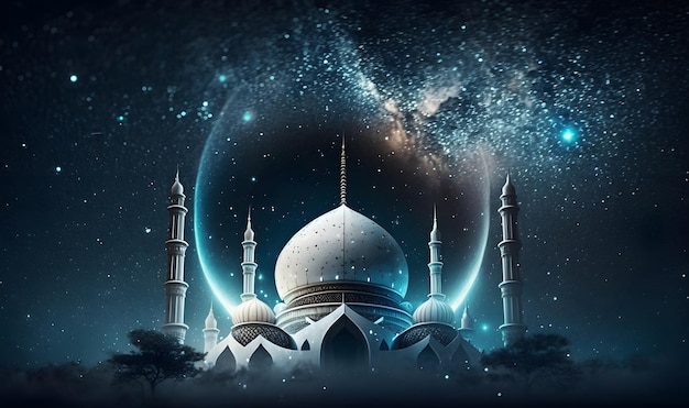 Een blauwe moskee met de sterren op de achtergrond