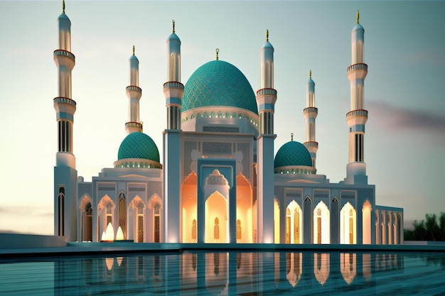 Een blauwe moskee met een groene koepel en de woorden ez erop