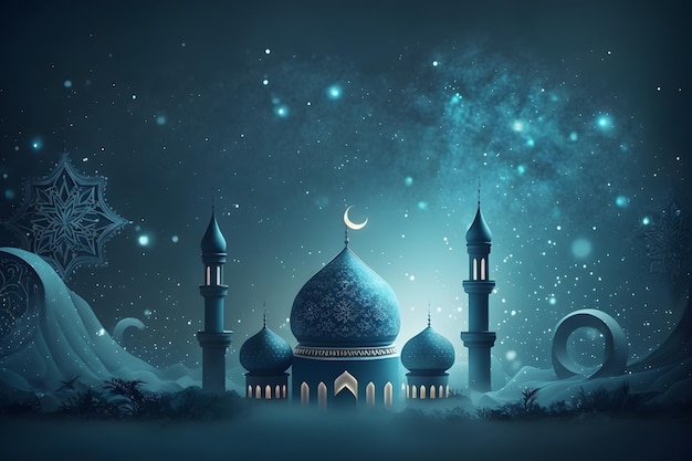 Een blauwe moskee met een halve maan op de achtergrond