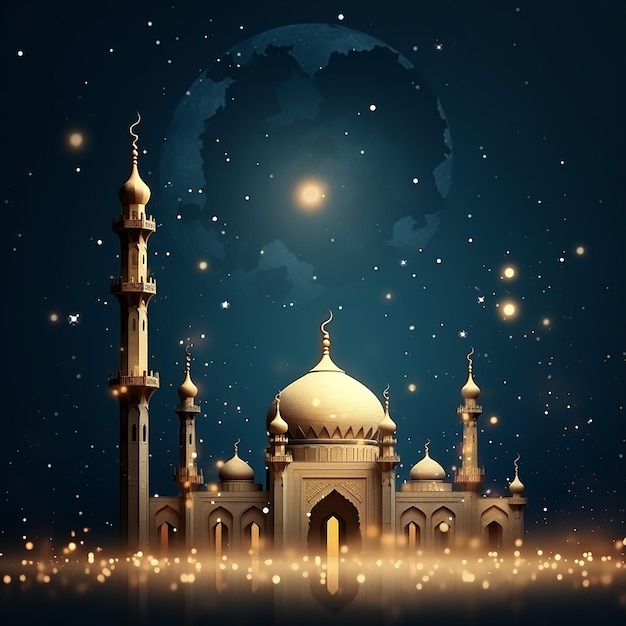 een blauwe moskee met een maan en sterren op de achtergrond