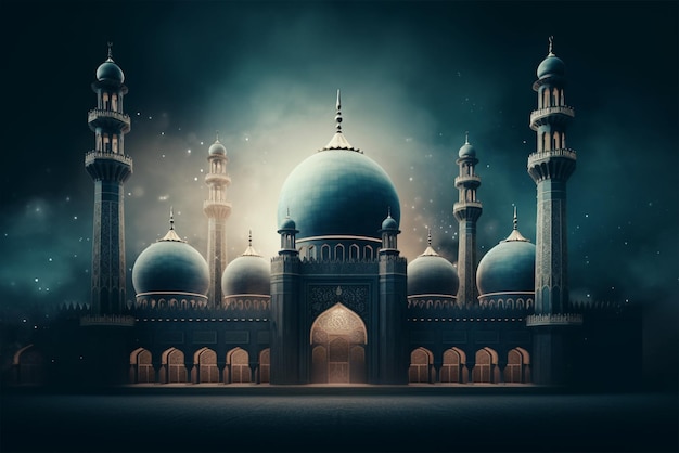 Een blauwe moskee met een sterrenhemel op de achtergrond generatieve ai