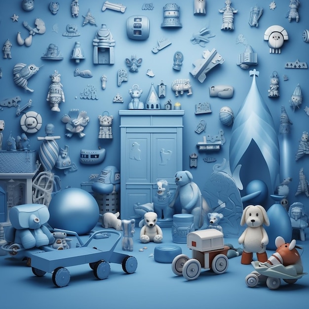Een blauwe muur met een hoop speelgoed en een blauwe achtergrond met een beer en een beer.