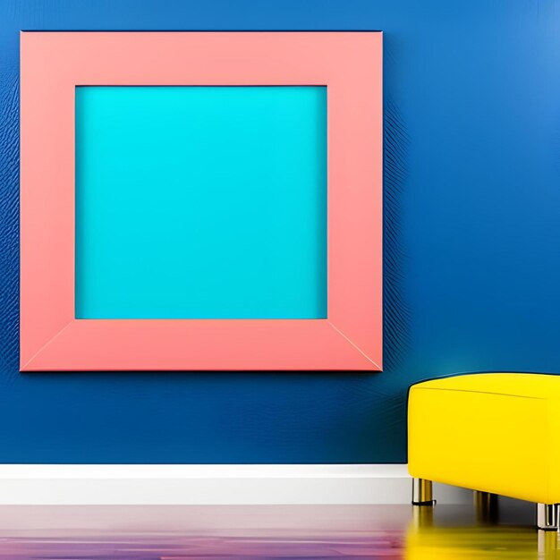 Een blauwe muur met een roze frame en een gele stoel ervoor.