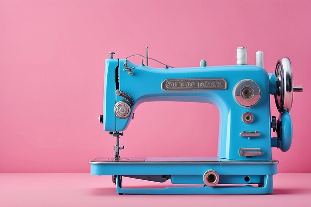 Een blauwe naaimachine met een roze achtergrond