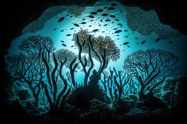 Een blauwe oceaanscène met een koraalrif en vissen die eromheen zwemmen.