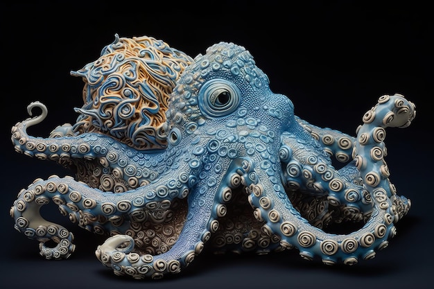 Een blauwe octopus met een schelp erop