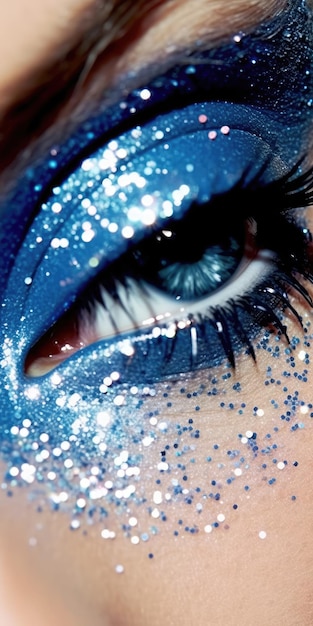 Een blauwe oogmake-up met glitter erop