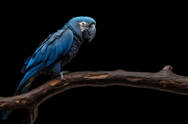 Een blauwe papegaai zit op een tak voor een zwarte achtergrond.