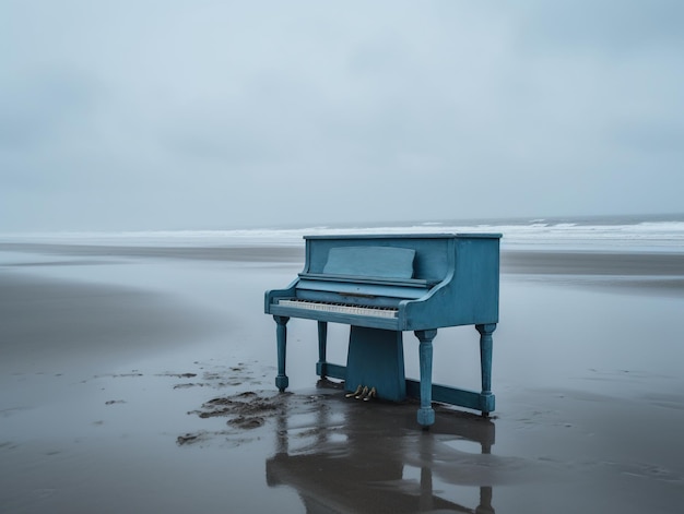 Een blauwe piano staat op het strand en de oceaan is blauw.