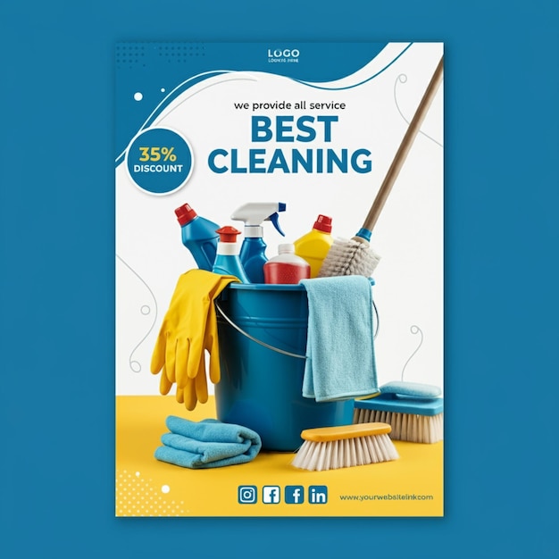 een blauwe poster met een blauwe achtergrond die de beste schoonmaak zegt