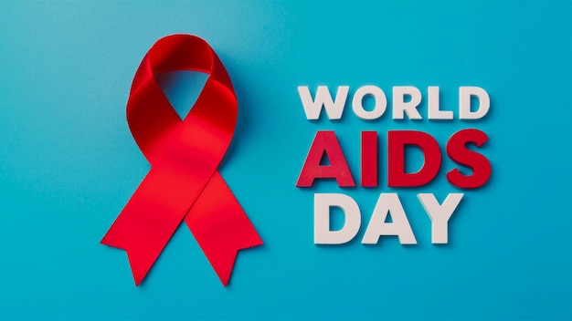 een blauwe poster met een rood lint met de tekst Wereld Aids Dag