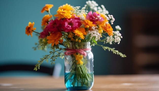 Een blauwe pot met bloemen staat op een tafel met een roze lint waarop 'bloemen' staat.