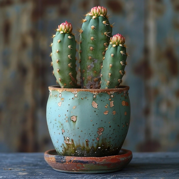 een blauwe pot met een cactus erop zit op een tafel