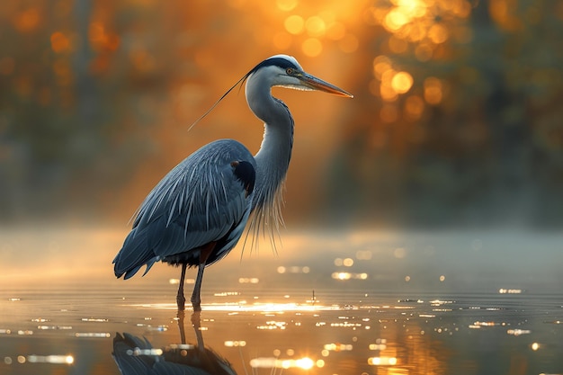 een blauwe reiger staat in het water met de zonsondergang op de achtergrond