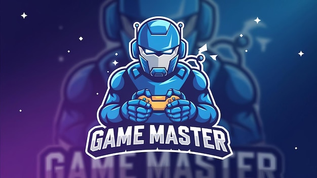 een blauwe robot met een foto van een man in een blauw pak en de woorden spel erop