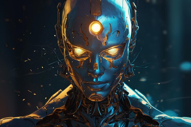 Een blauwe robot met een geel gezicht en het woord flits erop.