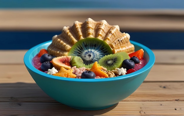 Foto een blauwe ronde schaal met een mengsel van vers fruit voedsel op een houten tafel achtergrond