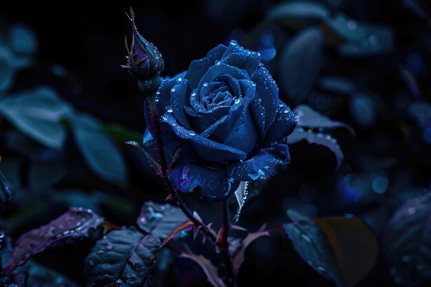 Een blauwe roos in volle bloei's nachts, gebaderd in het maanlicht, met dauwdruppels die zich vastklampen aan zijn fluweelachtige bloemblaadjes.