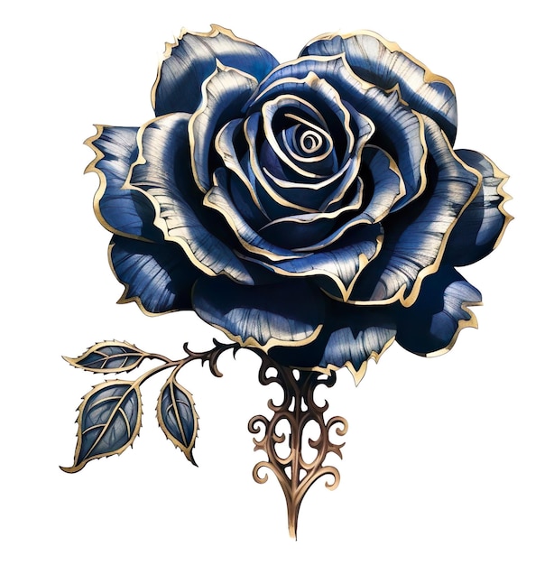 Een blauwe roos met gouden bladeren en een illustratie van een gouden blad